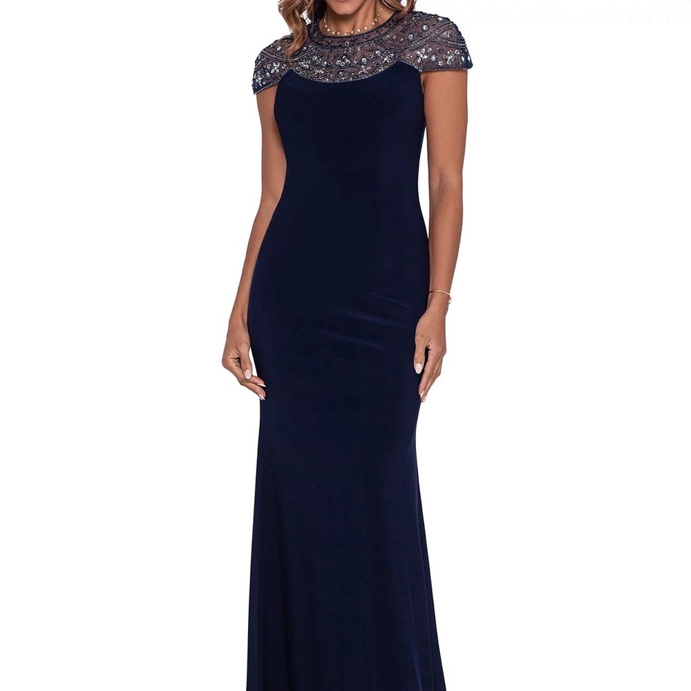 NWT Betsy & Adam Petite Beaded-Yoke Cap-Sleeve Gown Navy Blue